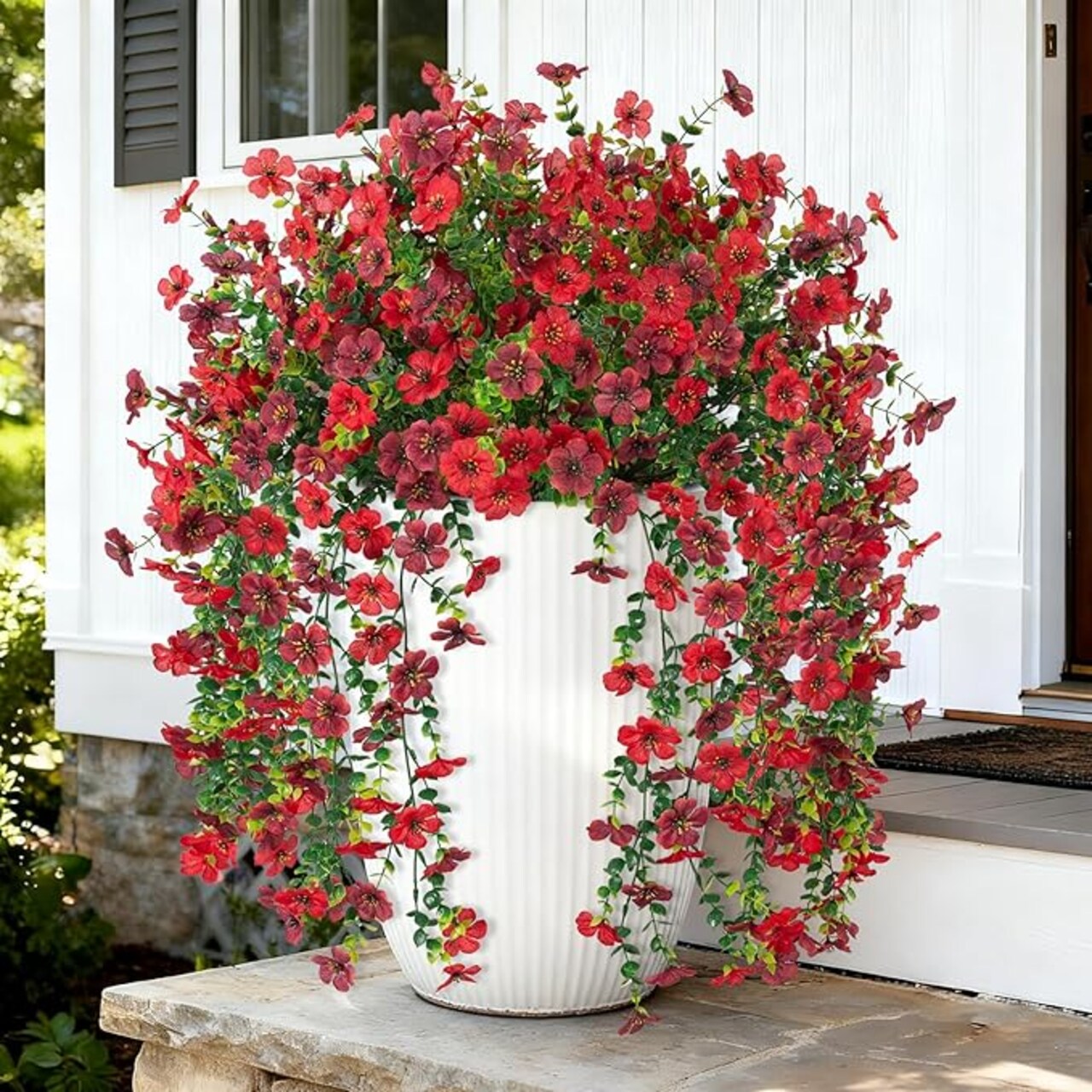 Artificial Hanging Plants Flowers for Outdoor Srpring Summer Decoration, 4pcs Fake Realistic Daisy Eucalyptus for Outdoors, Faux Plastic Greenery Long Vine Indoor Wall Patio Porch Decor, Red Brown